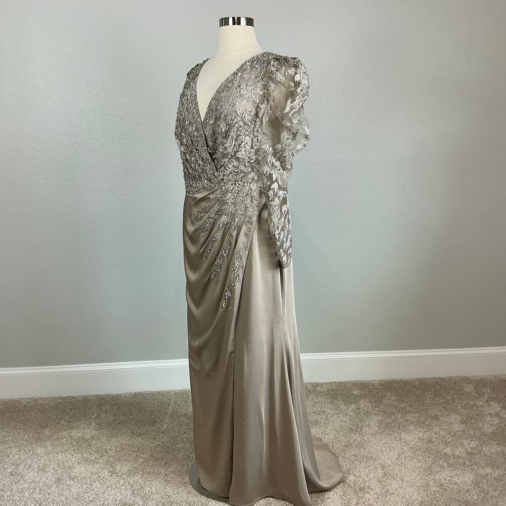 Mac Duggal 20346 Taupe Evening Gown Beaded Long Sleeve A-Line Dress Size 18 - Picture 5 of 12